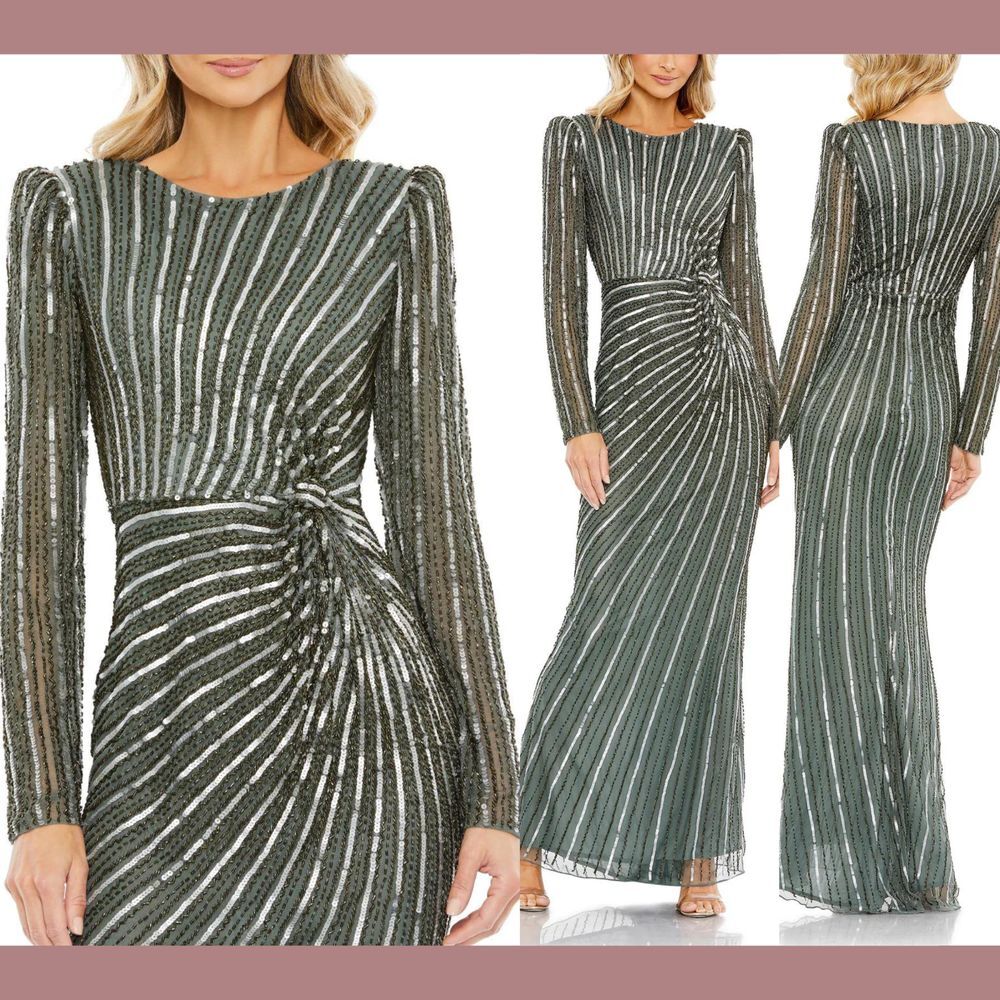 NEW $598 Mac Duggal [ 10 ] 5641‎ Embellished Puff Sleeve Side Knot Gown #Q820